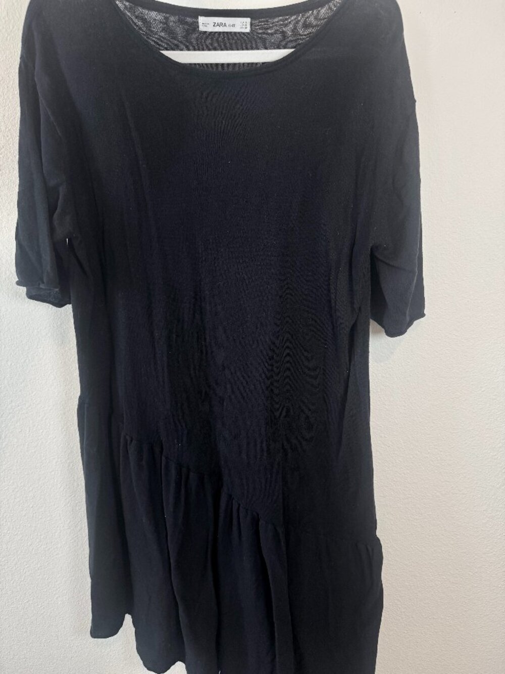 Zara Black Knit Oversized Asymmetrical Flounce Ruffle Hem Dress Short Sleeve